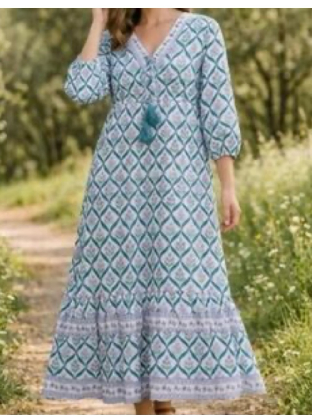 NWT Green Geometric V-Neck Maxi Dress with Tassel Tie - Picture 2 of 7